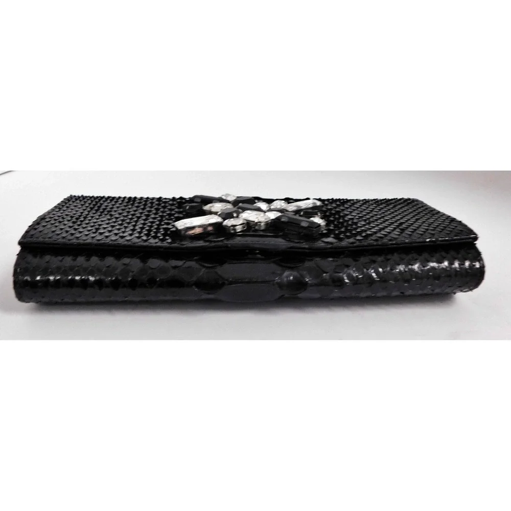 Ted Rossi New York Black Snake Skin Leather‎ & Rhinestones Clutch